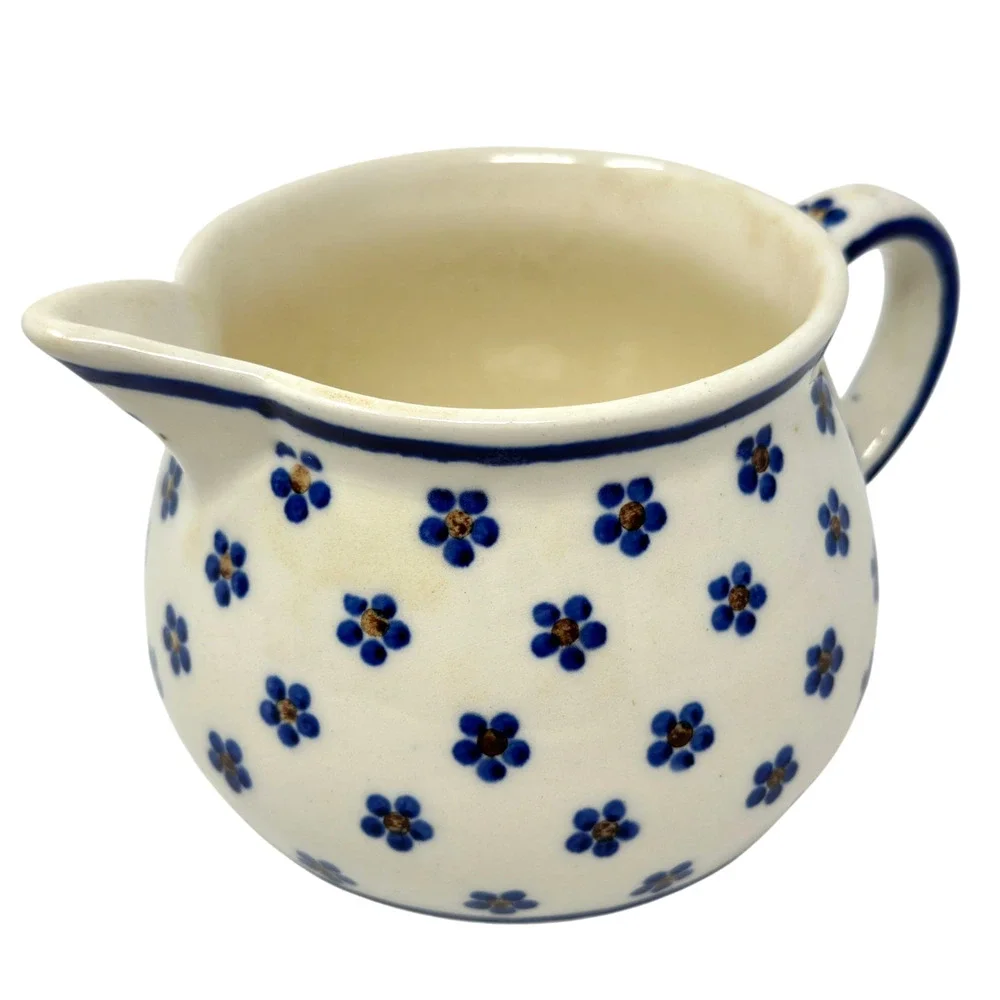 Vintage Heise Bunzlau Pitcher Squat Jug 1L/32oz Blue Daisy German Polish Pottery